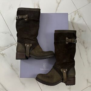 Vera Wang Olive Green and Dark Brown Suede Mid-Calf Boots